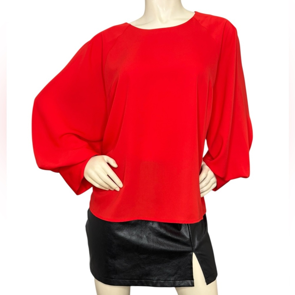 NINE WEST Red Scoop Neck Long Dolman Balloon Sleeve Relaxes Fit Blouse Top, XL